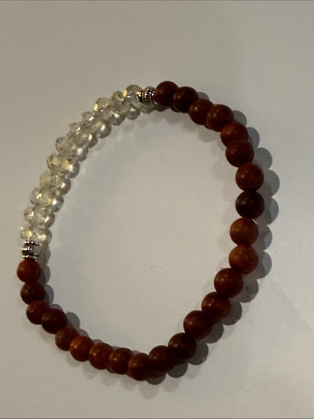Wood Beaded Stretch Bracelet with Faceted Pale Yellow Crystal Accents Size 8
